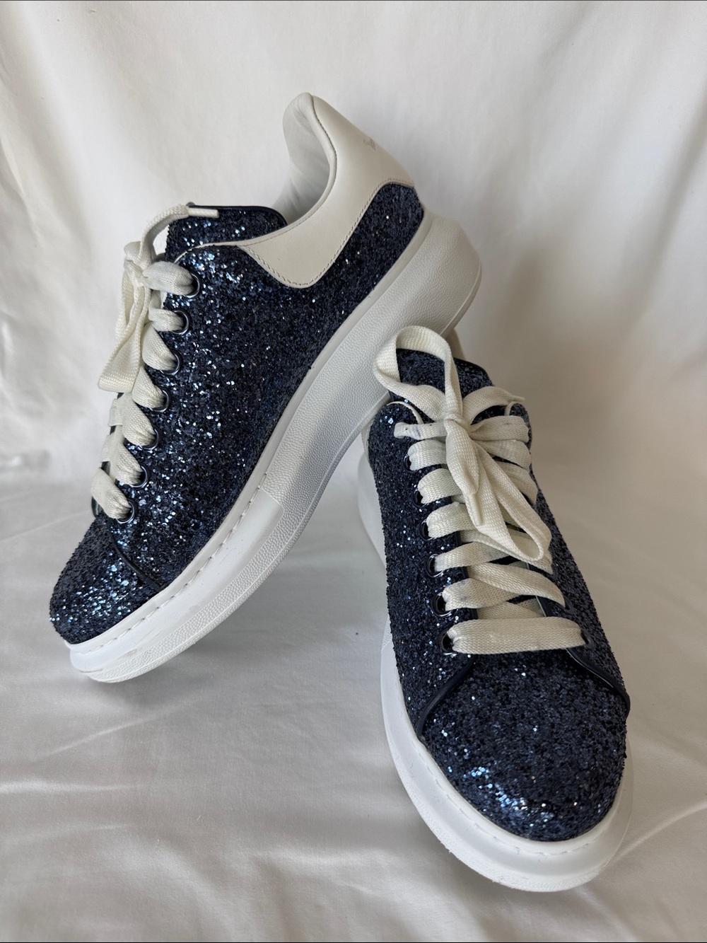 Alexander McQueen Navy Glitter Platform Sneakers with White Sole